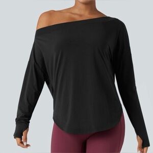 Halara Black One Shoulder Long Sleeve Thumb Hole Curved Hem Top Sz M NWT